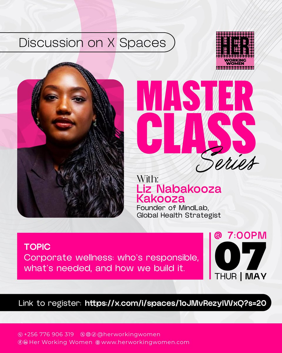 herworkingwomen's tweet photo. Corporate wellness is talked about a lot, but who actually owns it and what does it take to make it work?

Join us on 7th May at 7pm EAT on X Spaces with @LizNabakooza  as she shares what workplace wellbeing looks like.

Join here: https://t.co/wUa7cD41lO https://t.co/cn66YU1xFP
