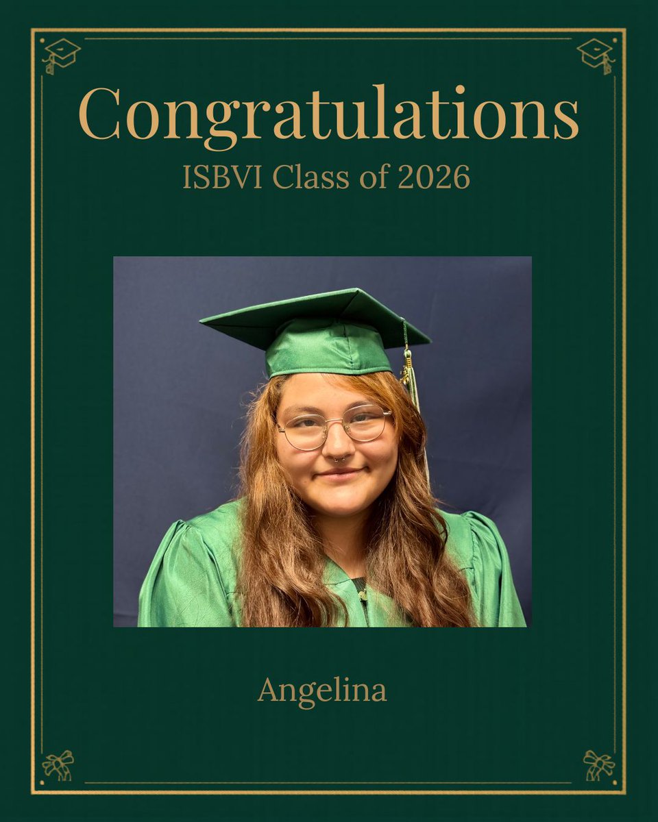 IBCFindy's tweet photo. Get to know ISBVI graduating senior Angelina!

Favorite Subject in School: English
Favorite TV Show: Bridgerton
Favorite Musical Artists: Billie Eilish and KATSEYE
Favorite Extracurricular Activity at ISBVI: Leadership Club https://t.co/7NE8EoxVqy