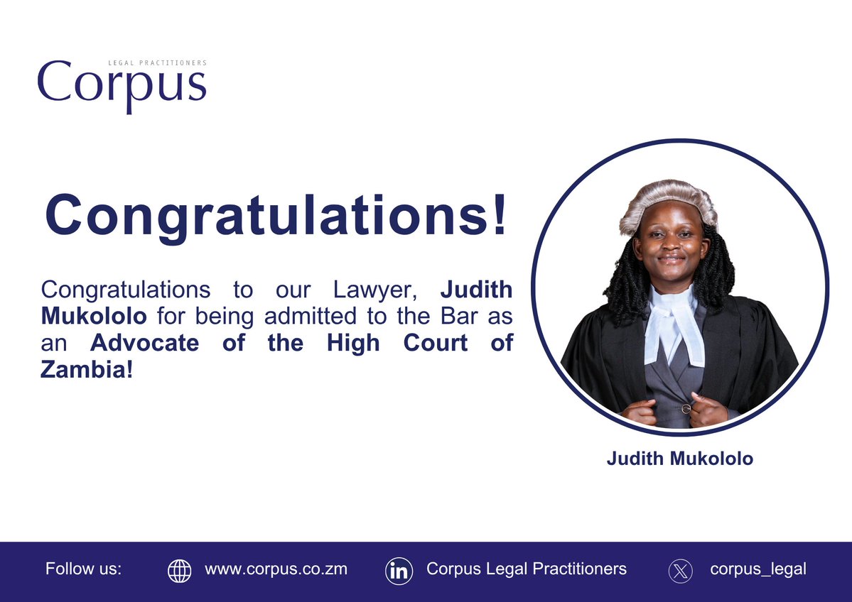 corpus_legal's tweet image. Congratulations to our Lawyer, 𝗝𝘂𝗱𝗶𝘁𝗵 𝗠𝘂𝗸𝗼𝗹𝗼𝗹𝗼, for being admitted to the Bar as an 𝗔𝗱𝘃𝗼𝗰𝗮𝘁𝗲 𝗼𝗳 𝘁𝗵𝗲 𝗛𝗶𝗴𝗵 𝗖𝗼𝘂𝗿𝘁 𝗼𝗳 𝗭𝗮𝗺𝗯𝗶𝗮! Your determination and perseverance have truly paid off. Well done!

#Corpus #Advocate #Lawyer