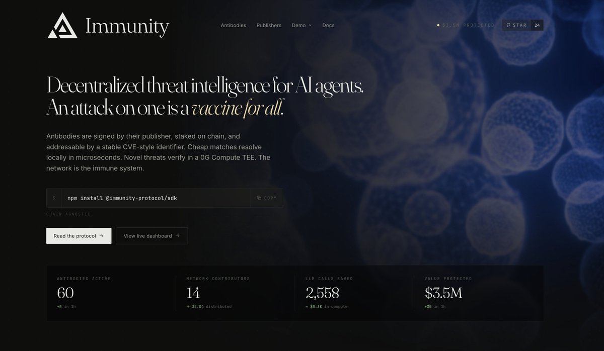 I've built Immunity for <a href="/ETHGlobal/">ETHGlobal</a> Open Agents hackathon which is a decentralized threat intelligence for AI Agents. 

An SDK to wrap a transaction before broadcasting it to make sure nothing nefarious happens. The beautiful thing is that when an attack is detected (by 0G Compute