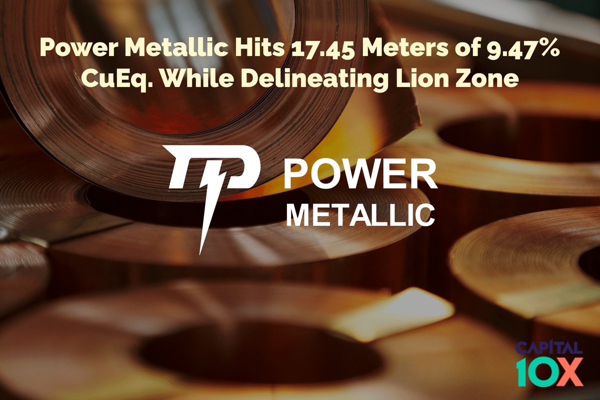 capital10x's tweet image. Power Metallic Hits 17.45 Meters of 9.47% CuEq. While Delineating Lion Zone ⛏️ $PNPN #COPPER 

◾️17.4M of 9.47% CuEq and 6.3M of ~18% CuEq
◾️Strong definition drill results support MRE to be released in Q3
◾️Continuing to expand its world class polymetallic deposit in Ontario