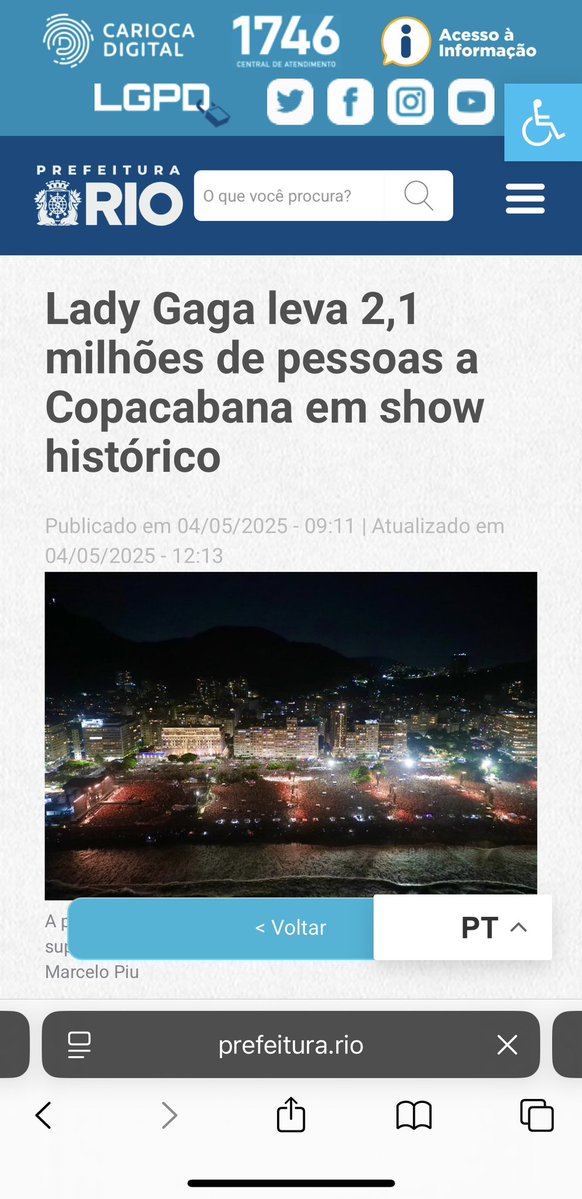 ⚠️ ¡ATENCIÓN!

Es FALSA la información de que Gaga habría reunido a 2.5 millones de personas en su show en Copacabana, el último sábado (2).  
De acuerdo con DATOS OFICIALES de RioTur y de la Prefeitura, la cantante se presentó ante un público de cerca de 2.1M de personas