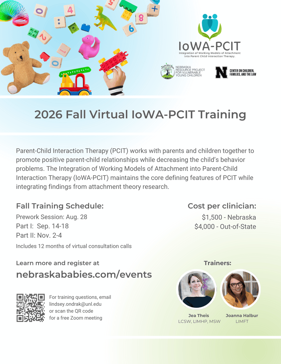 NebraskaBabies's tweet photo. 🧸Nebraska mental health clinicians: Register to join us from anywhere in the state for the 2026 Fall IoWA-PCIT Training! This training will be held virtually via Zoom.  Visit our website to learn more and register: https://t.co/0nIZvkWhao https://t.co/KwfYI9TWLK