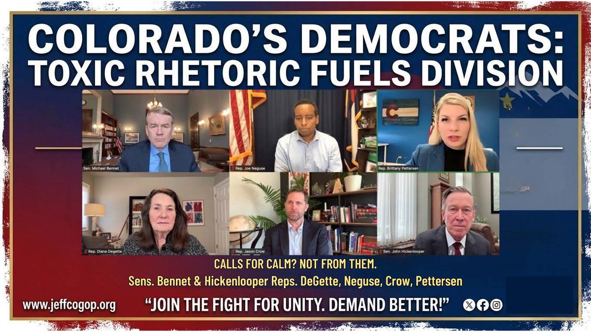 GOP_Jeffco's tweet photo. Colorado’s Progressive Democrat Congressional Delegation’s toxic rhetoric is fueling division and violence. 🛑

In the aftermath of the assassination attempt at the White House Correspondents' Dinner, leaders nationwide are calling for calm. Yet Colorado Democrats, Sens. Michael Bennet and John Hickenlooper, and Reps. Diana DeGette, Joe Neguse, Jason Crow, and Brittany Pettersen, continue escalating inflammatory attacks.

For years, these self-described progressives have used toxic and divisive language and made repeated demands for his removal. This sustained demonization doesn't just oppose policy; it degrades our discourse and erodes the democracy they claim to protect.

Political criticism is normal. But comparing an American president to dictators and authoritarians crosses the line and encourages deeper division.

Colorado voters deserve better. It's time to end the hyper-partisan hate. Bennet, Hickenlooper, DeGette, Neguse, Crow, and Pettersen must go. Colorado needs leaders focused on results, not spreading division. 🇺🇸

Read more in today’s Jeffco GOP The Wire: https://t.co/uou61K8wdn

Colorado families deserve common-sense leadership. In November, let's deliver real change!

LIKE, REPOST, QUOTE if you agree.

#Colorado #COSafety #EndTheDivision #NoMoreHate #COpolitics #COleg @COHouseGOP @ColoSenGOP