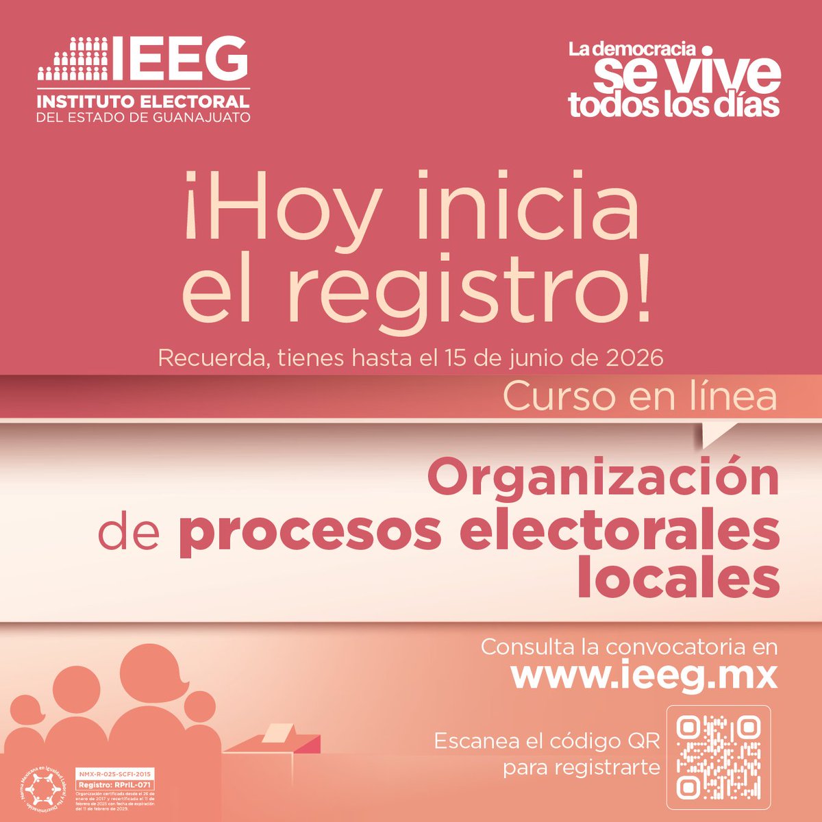 IEEG's tweet photo. 🟣 | ¡Atención! 🚨

Si perteneces a un grupo de atención prioritaria te invitamos a tomar el curso:

“Organización de procesos electorales”. 🗳️📚

Ya inició el periodo de registro y vence el 15 de junio. ⏳📅

Entra a https://t.co/Ky3qKiM2as 🔗

#LaDemocraciaSeViveTodosLosDías https://t.co/Anr8rb3bN2