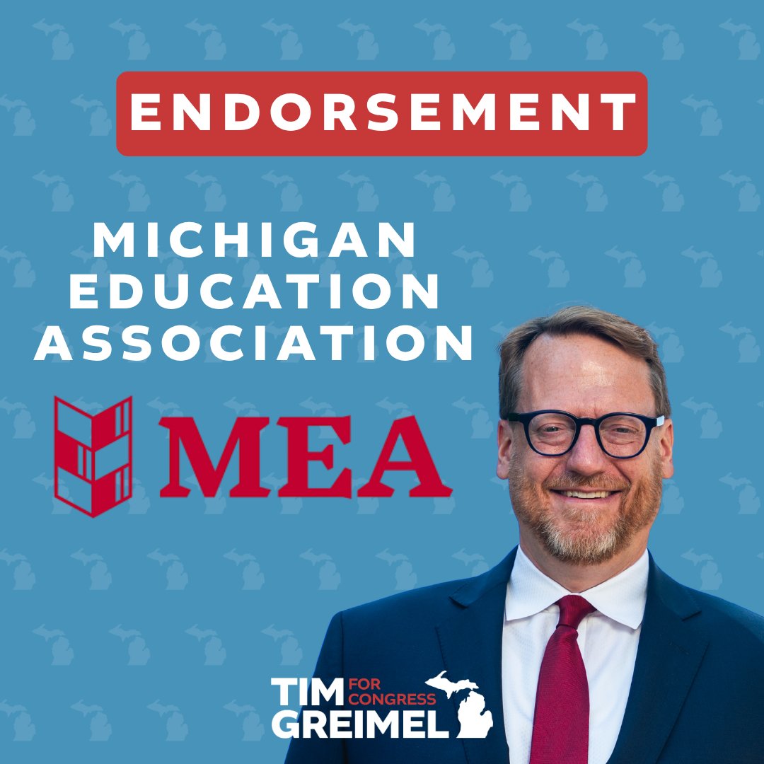 TimGreimelMI's tweet photo. I'm proud to be endorsed by the Michigan Education Association.

As the son of a public school teacher who carried both MEA and AFT cards, I learned early on that public education and the labor movement are the most powerful forces for building a strong middle class. That's why I got in this fight. It's why I served on a school board and became a union-side labor lawyer, and it's why I'm running for Congress.

The MEA has been at the center of that fight every step of the way—fighting for our kids, our teachers, and our communities. Proud to stand with them.