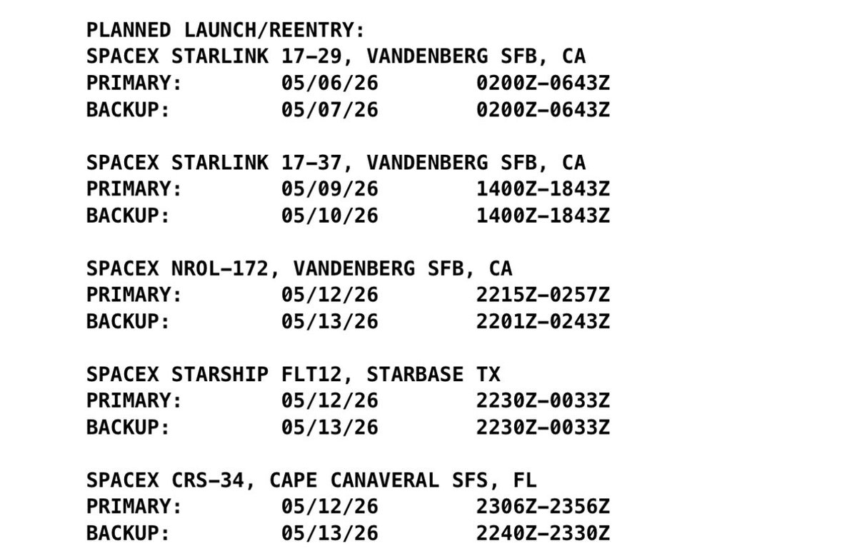 OverlyTrev's tweet photo. The FAA has an advisory for Flight 12 Net May12th for Starship 🚀 

This is SpaceX telling all the armchair engineers to pipe down a bit 😂 

In all seriousness though they have had some recent issues with the GSE so not sure they will hit this date. https://t.co/ph4elUKG8q