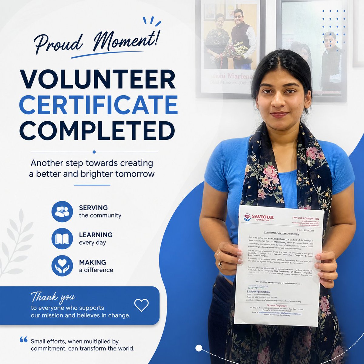 SaviourFoundat5's tweet image. 🎓 A Proud Moment of Achievement!

We celebrate the successful completion of our volunteer journey—where dedication meets impact 💙

#VolunteerAchievement #SaviourFoundation #NGOIndia #CertificateOfCompletion #SocialImpact #YouthForChange