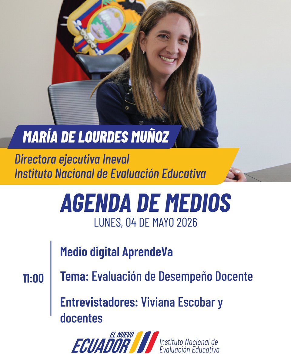 Evaluacion_Ec's tweet photo. 📺 EN MEDIOS l Sigue la entrevista de la directora ejecutiva del Ineval, @lumunoza, en AprendeVa - Docentes Ecuador medio digital, donde hablará sobre:
 
 ➡️ Evaluación de Desempeño Docente (EVDO)
 ⏰ 11H00
 💻https://t.co/Q874FEGDGA 
 
 #EvaluamosParaTransformar https://t.co/dXjaWSQ9Zu