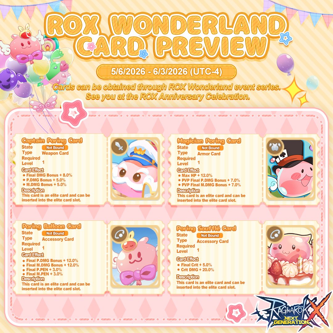 ragnarokxglobal's tweet photo. ROX Global Wonderland Card Preview

Step into Wonderland and unlock hidden power. ✨
New cards. New effects. New strategies.

🔥Build your ultimate setup.
📌Join Now：https://t.co/6tstd2mpRX

#ROXGlobal #Wonderland #Anniversary https://t.co/ZhA7wOrqi1