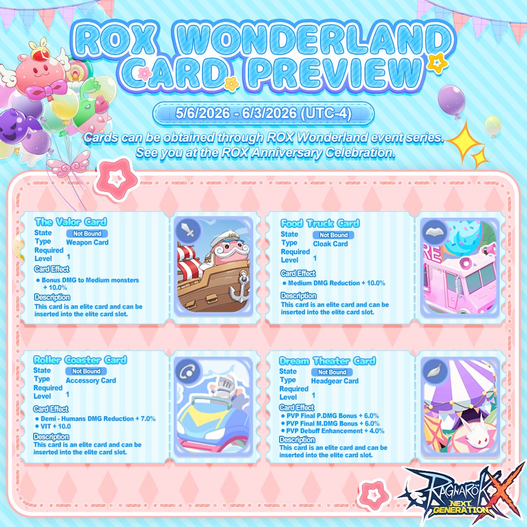 ragnarokxglobal's tweet photo. ROX Global Wonderland Card Preview

Step into Wonderland and unlock hidden power. ✨
New cards. New effects. New strategies.

🔥Build your ultimate setup.
📌Join Now：https://t.co/6tstd2mpRX

#ROXGlobal #Wonderland #Anniversary https://t.co/ZhA7wOrqi1