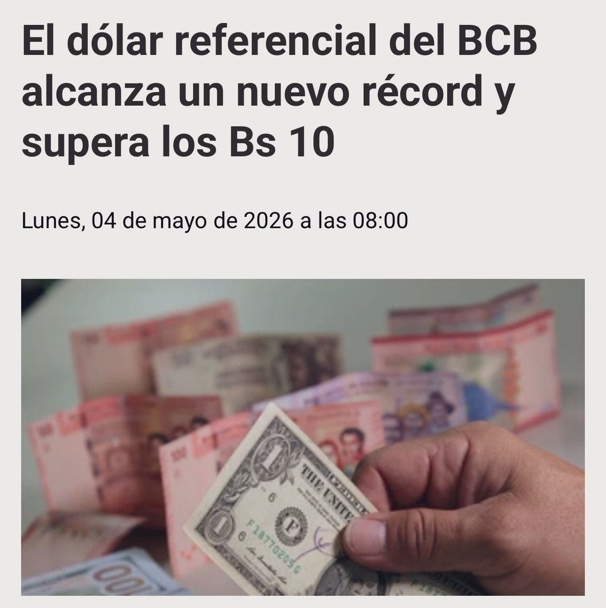 El dólar referencial del BCB supera los Bs. 10.