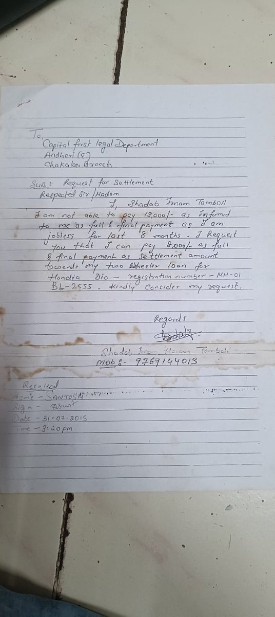 ManzuraliMulla's tweet photo. @IDFCFIRSTBank  @RBI @RBIsays @cpgrams @DFS_India my friend shadab tamboli made payment for his auto loan as per settlement letter recd in 2015 bank is still harrassing him attaching documents his number is +918291821996. Pls issue  NOC. https://t.co/u3WtwHMYpH