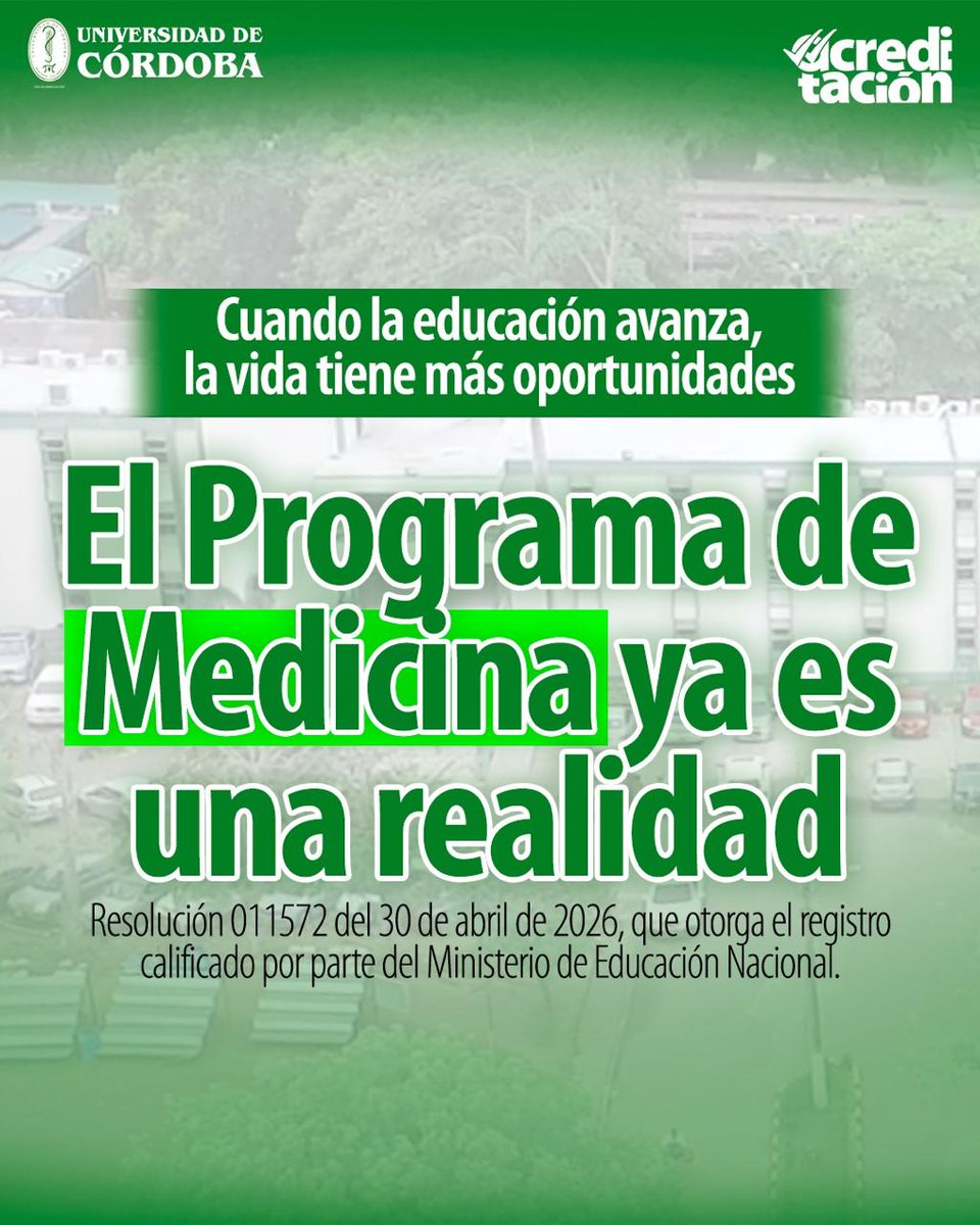 JTorresOviedo's tweet photo. Me llena de alegría y orgullo anunciar que ya tenemos el programa de Medicina, refrendado a través del registro calificado otorgado por el Ministerio de Educación Nacional. Este momento encarna años de trabajo incansable, de gestión decidida, de un esfuerzo inquebrantable, que se evidencia en el poder de la educación pública como motor de equidad. Es el reflejo de una visión clara de la educación cómo transformadora de vidas.

Este logro pertenece a las nuevas y futuras generaciones. A esos jóvenes que alguna vez pensaron que estudiar Medicina era un sueño lejano, casi imposible, reservado solo para quienes podían asumir altos costos o migrar lejos de su tierra. 
Hoy, ese sueño cambia de lugar,  se queda aquí, en casa, en el territorio, al alcance de quienes tienen vocación, talento y el deseo profundo de servir.
Este programa no solo formará médicos; formará guardianes de la vida, profesionales con sensibilidad social, comprometidos con las realidades de su gente, capaces de entender el territorio no solo como un espacio geográfico, sino como un tejido humano que necesita cuidado, escucha y soluciones.

Esta resolución no solo autoriza un programa, ella ratifica la fuerza de la Universidad de Córdoba y la confianza del Gobierno Nacional en su capacidad transformadora, ratifica que la educación pública sigue siendo el camino más poderoso hacia la equidad y, sobre todo, ratifica que desde Córdoba, se seguirán formando vidas que salvan vidas.