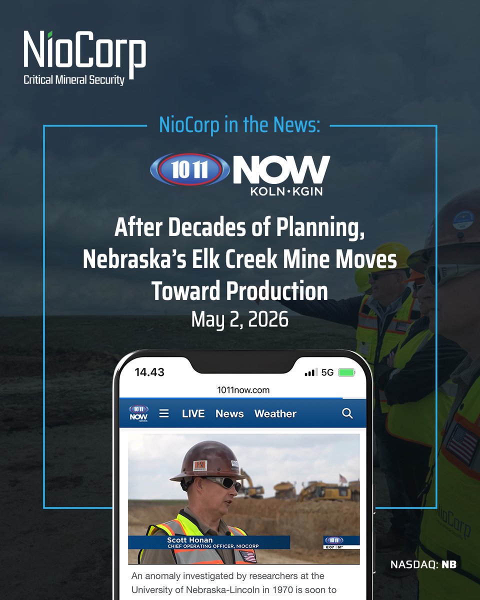 NioCorp's tweet photo. We greatly appreciate @1011_News covering the #ElkCreekCriticalMineralsProject last week.

The piece incl. commentary from COO Scott Honan and @USGS, as well as a look at our plans to develop what would be the only #niobium, #scandium, #titanium and #REE mine in the U.S.

More → https://t.co/wnNvrVkqIL $NB