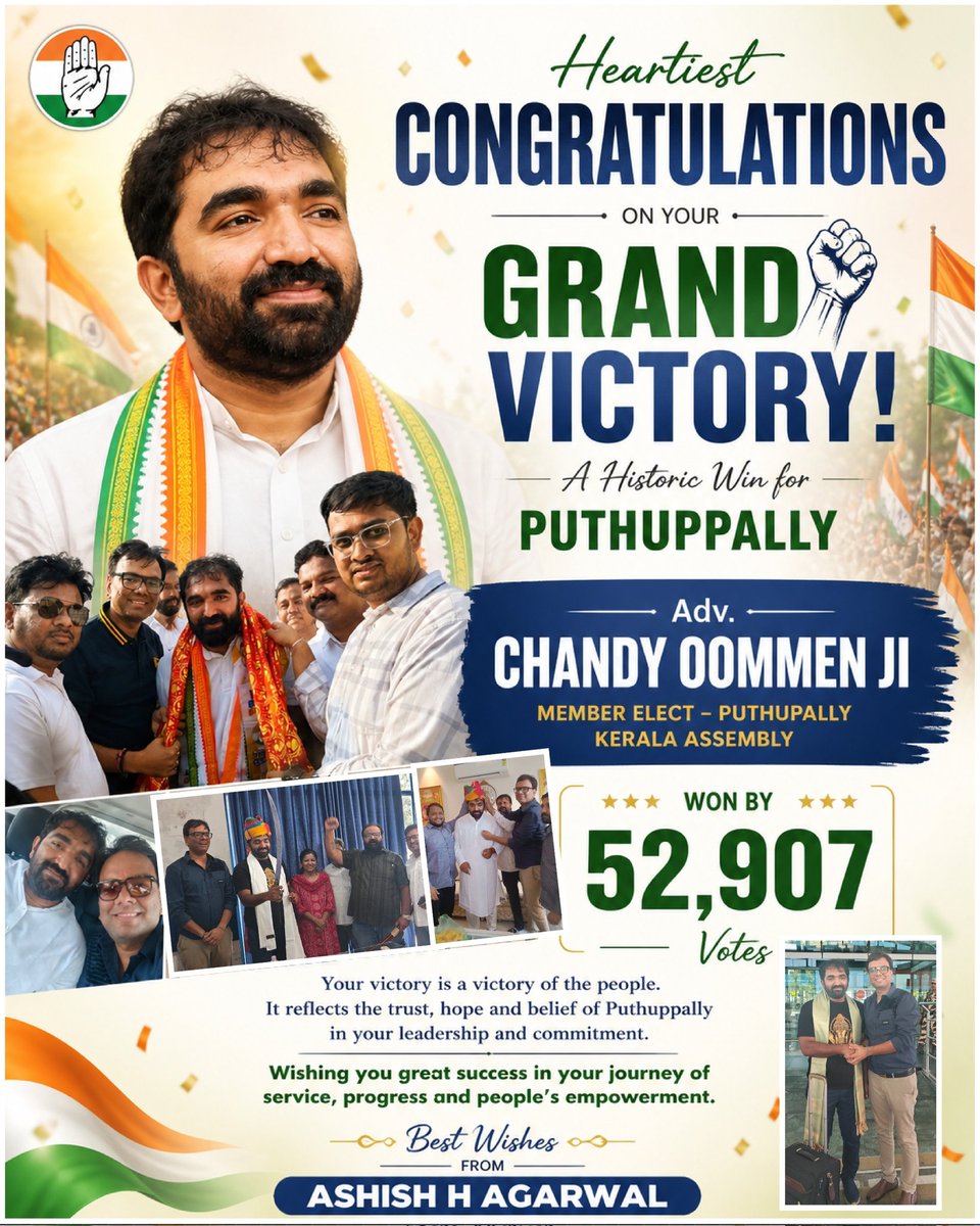 Heartiest Congratulations to our leader Adv. Chandy Oommen Bhai 💐💐 Stay Blessed Boss 🤝 <a href="/Chandyoommen/">Chandyoommen</a> <a href="/INCKerala/">Congress Kerala</a> 
<a href="/INCIndia/">Congress</a> <a href="/IYC/">Indian Youth Congress</a> <a href="/RahulGandhi/">Rahul Gandhi</a> 
<a href="/SachinPilot/">Sachin Pilot</a> <a href="/NeerajDangiINC/">Neeraj Dangi</a> 
<a href="/szarita/">Szarita Laitphlang,ज़रिता लैतफलांग</a> <a href="/dollysharmaINC/">Dolly Sharma</a>