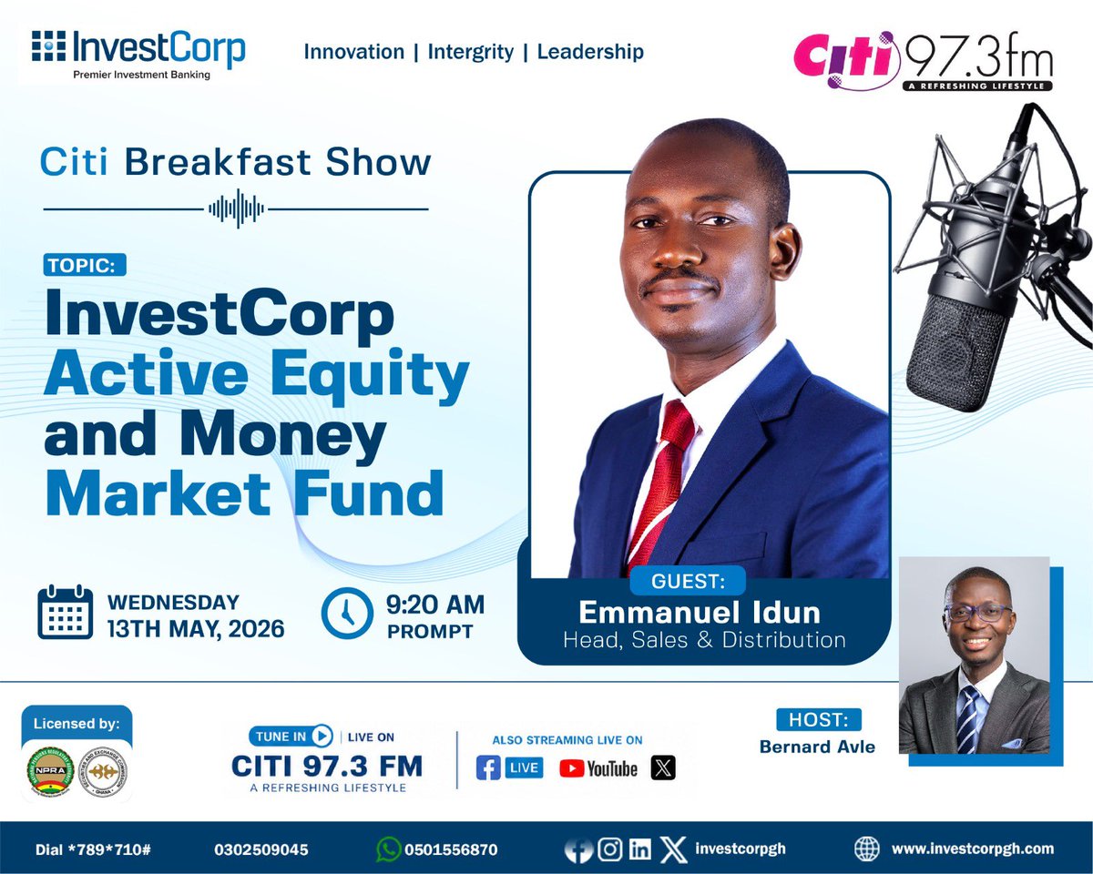InvestCorpgh's tweet photo. Equity or money market, what should you know?

Emmanuel Idun on Citi Breakfast Show
13 May | 9:20 AM | Citi 97.3 FM https://t.co/wZz76AweWa
