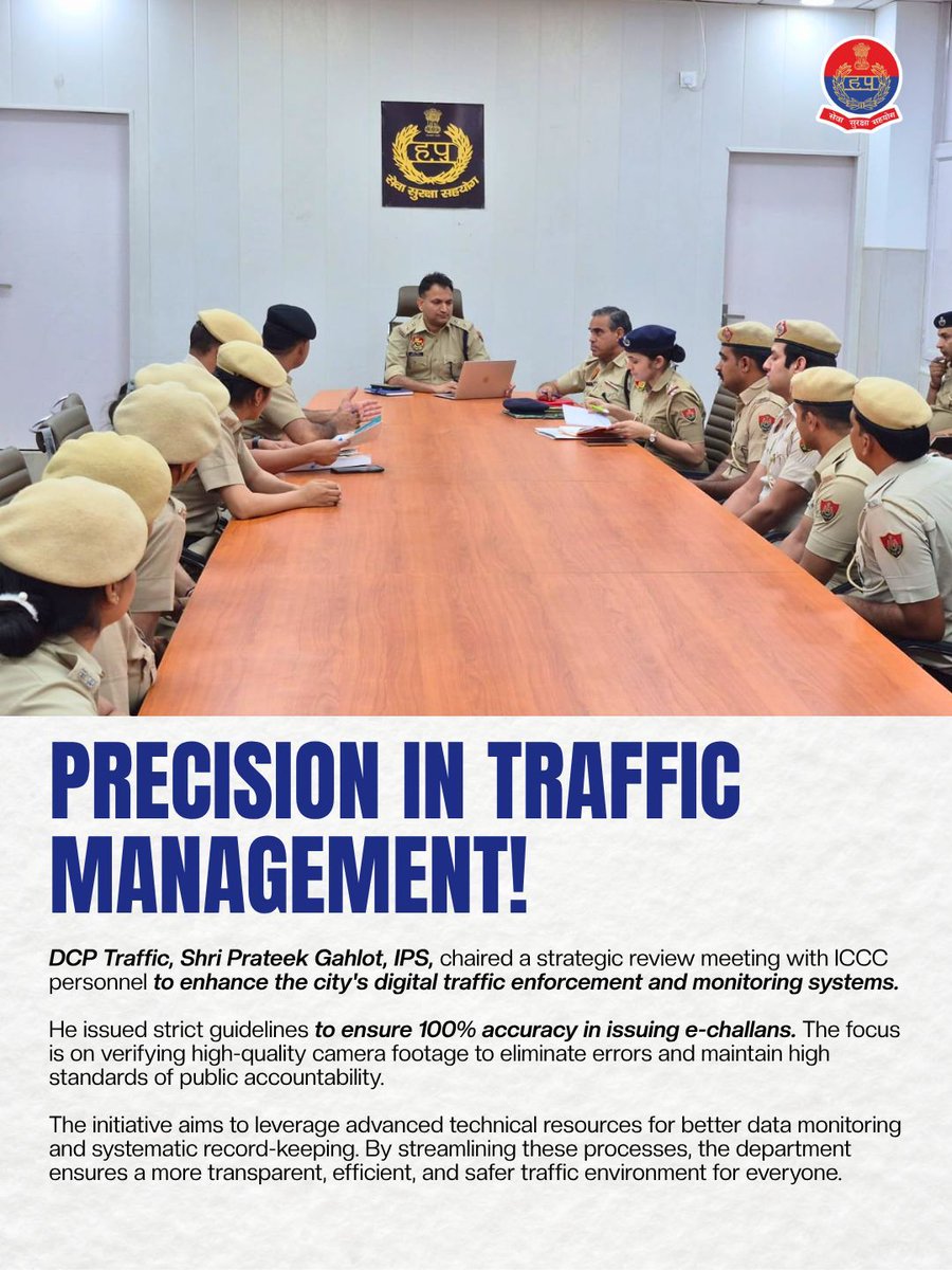 TrafficGGM's tweet image. DCP Traffic Shri Prateek Gahlot, IPS, chaired a review meet with ICCC personnel.
The focus is on 100% accuracy in e-challans via high-quality footage &amp;amp; better data monitoring to ensure 
transparency in traffic enforcement. 
#TrafficManagement #SmartCity #SafetyFirst