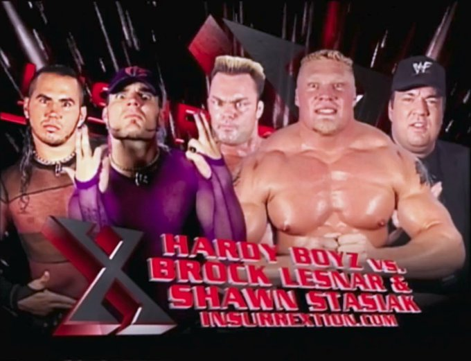 wrestle_hist's tweet image. 5/4/2002    

The Hardy Boyz defeated Brock Lesnar &amp;amp; Shawn Stasiak at Insurrextion from the Wembley Arena in London, England.    

#WWF #WWE #Insurrextion #TheHardyBoyz #MattHardy #JeffHardy #BrockLesnar #TheNextBigThing #TheBeastIncarnate #SuplexCity #ShawnStasiak #Meat