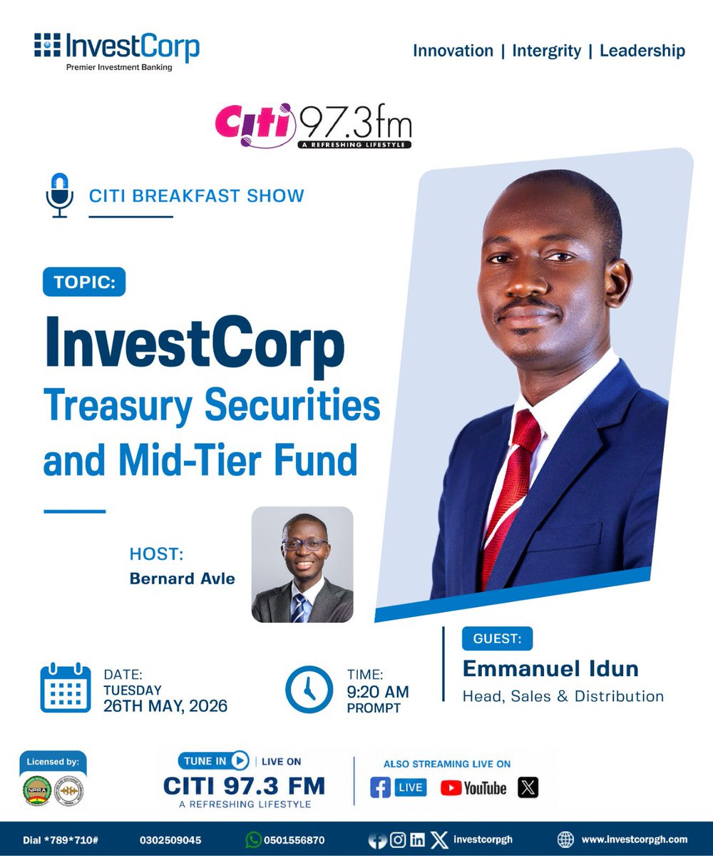 InvestCorpgh's tweet photo. Two funds. One goal: your wealth.

Emmanuel Idun on Citi Breakfast Show
26 May | 9:20 AM | Citi 97.3 FM

#InvestCorp #SmartInvesting https://t.co/36YMdAs12O