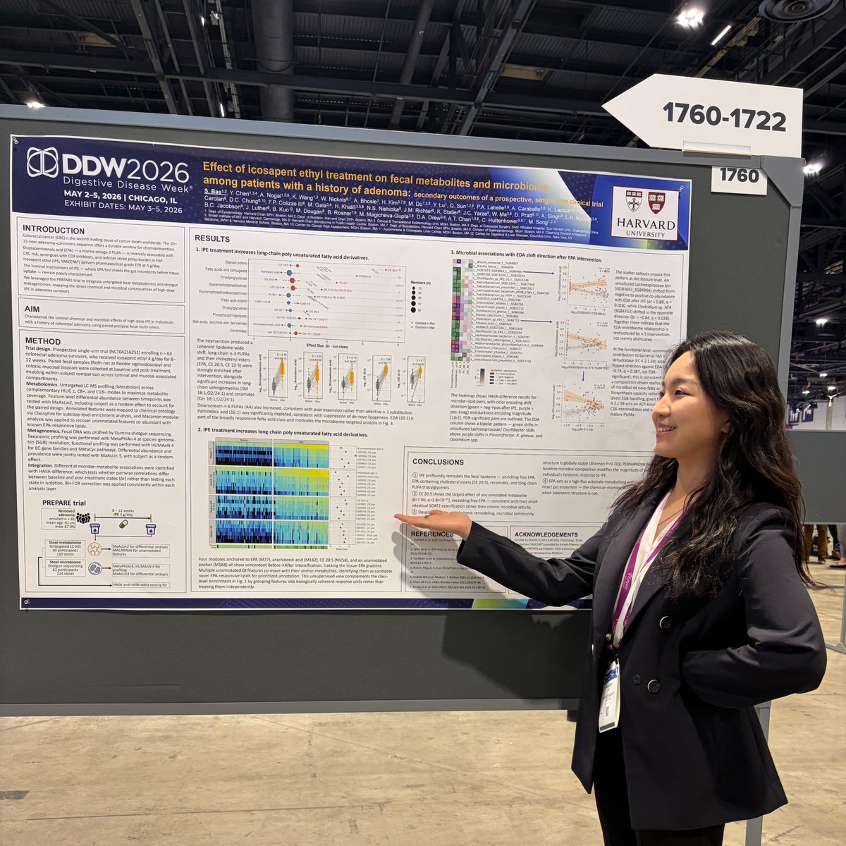 SongLabHarvard's tweet photo. Excited to present our work at #DDW2026 —and proud to share Song Lab’s first presentation at this year’s meeting by our PhD student, Sunjeong Bae.

This multi-omics study from the PREPARE trial shows that high-dose icosapent ethyl (EPA) profoundly reshapes the fecal lipidome—without major shifts in microbiome structure—highlighting a rewiring of host–microbe chemical interactions.

If you didn’t get a chance to stop by, stay tuned for our manuscript!