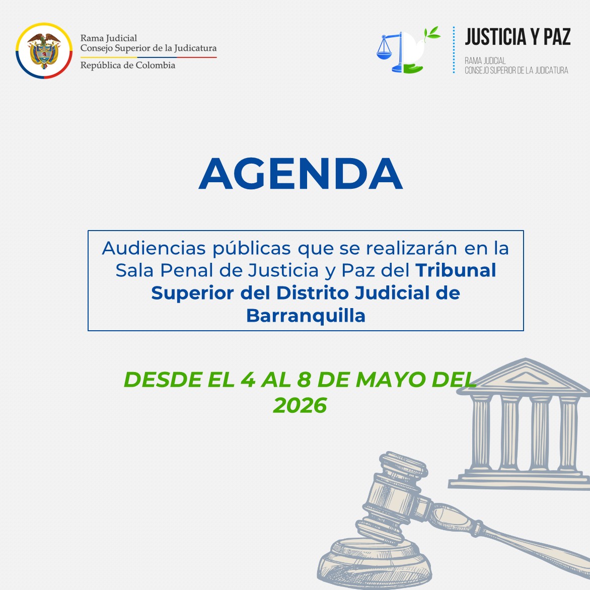 juspazbaq's tweet photo. #AgendaDeLaSemana🗓 | La Sala Penal de Justicia y Paz del Tribunal Superior del Distrito Judicial de #Barranquilla está comprometida con la justicia y la transparencia. ⚖🇨🇴
Consulta nuestra agenda para la semana del 04 al 08 de mayo de 2026 ➡https://t.co/j3S0u8sYv5 https://t.co/FE7WOx2MO1