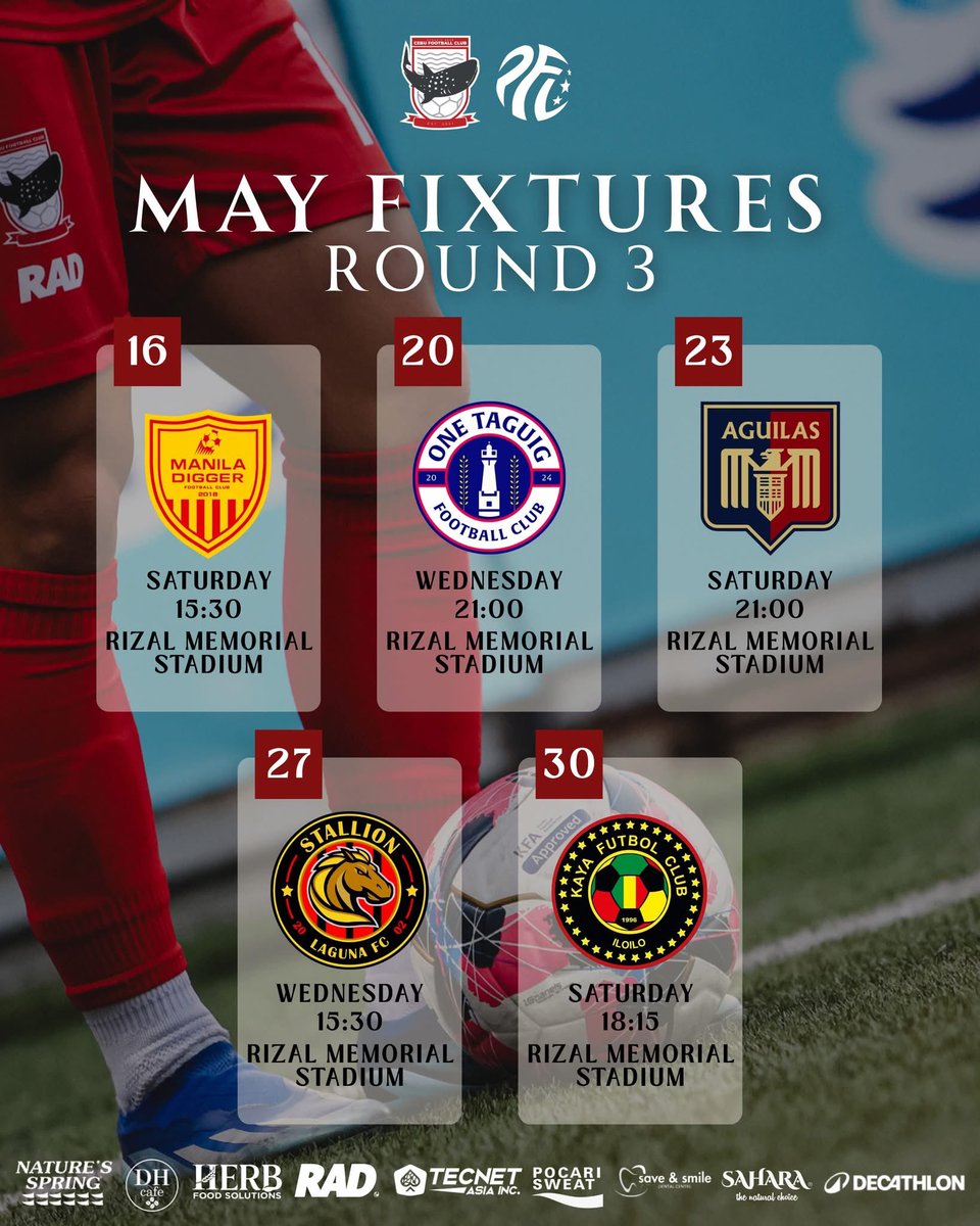 CebuFC's tweet photo. ALL EYES ON MANILA 🔥
We’re back on the road this May. ✈️
Fixtures set. Focus clear. Finish strong.

Let’s push together.  #TaraCebu 💪

#CebuFC  #WeArePFL https://t.co/sKjnqMLj1N