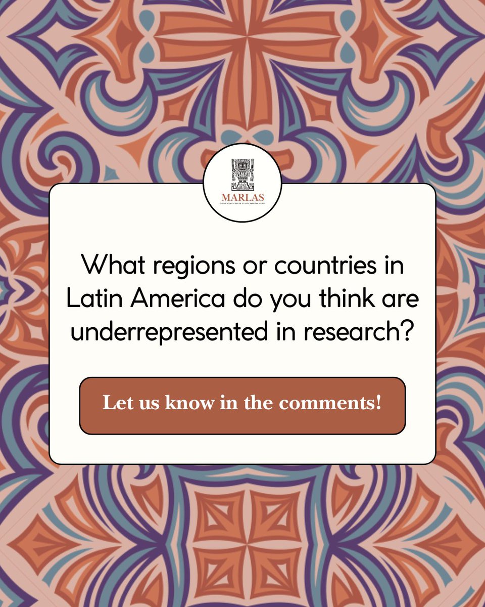 MARLASjournal's tweet photo. ❓ MARLAS Monday

What regions or countries in Latin America do you think are underrepresented in research?

Let us know in the comments below.

#MARLAS #LatinAmericanStudies #AcademicJournal #Research #AcademicCommunity https://t.co/oIG9hwSOEs