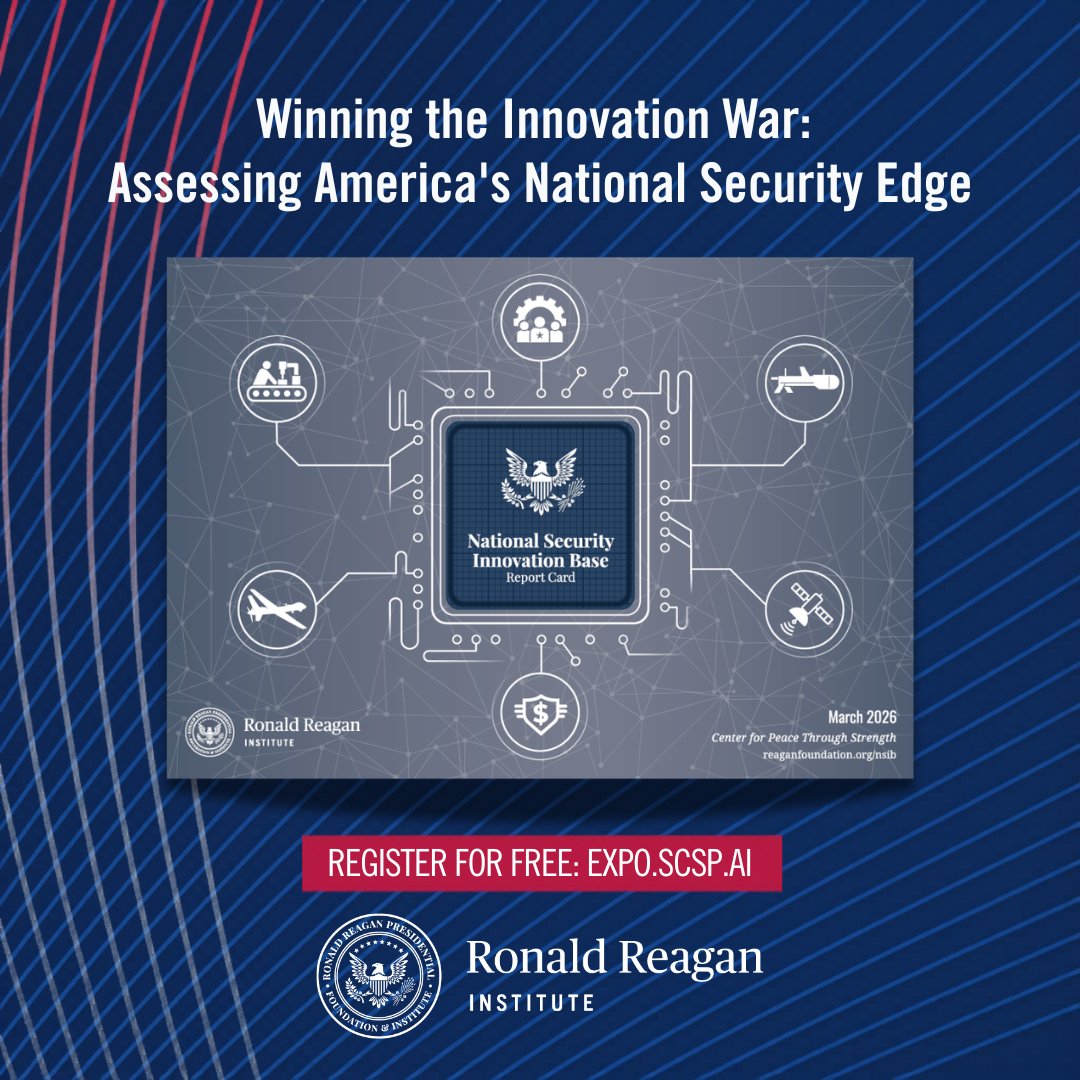 ReaganInstitute's tweet photo. Are we maintaining America’s technological edge? Find out at the Reagan Institute’s must-attend policy event at the @scsp_ai AI+ Expo.

🎙️ "Winning the Innovation War: Assessing America's National Security Edge"
📅 May 7 | 2:30 PM ET | Washington, D.C.

Congressman @RobWittman opens the conversation, with Reagan Institute’s @rachelhoff814 leading a panel with @ShieldCapVC's Michael Brown, @PalantirTech's Samantha Clark, @GoviniDefense's Tara Murphy Dougherty, and NSIB Report Card SME Eric Snelgrove breaking down the Reagan Institute's 4th Annual NSIB Report Card.

🔗 Register now to attend: https://t.co/AxGmqhehSb