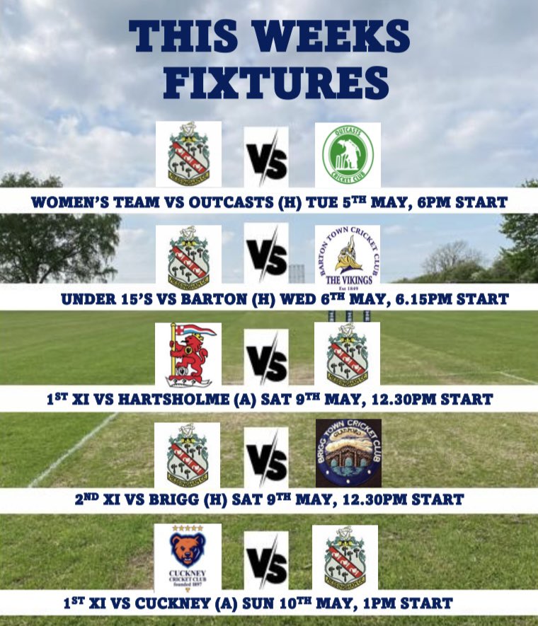 MessinghamCC's tweet photo. THIS WEEKS FIXTURES 🏏

It’s an action packed week for Messingham’s sides with a full week of fixtures. On Wednesday evening our under 15 junior side play there’re first ever match at home vs Barton. Any support would be greatly appreciated!

#upthemess 🏏 https://t.co/GGxcvEFRj2