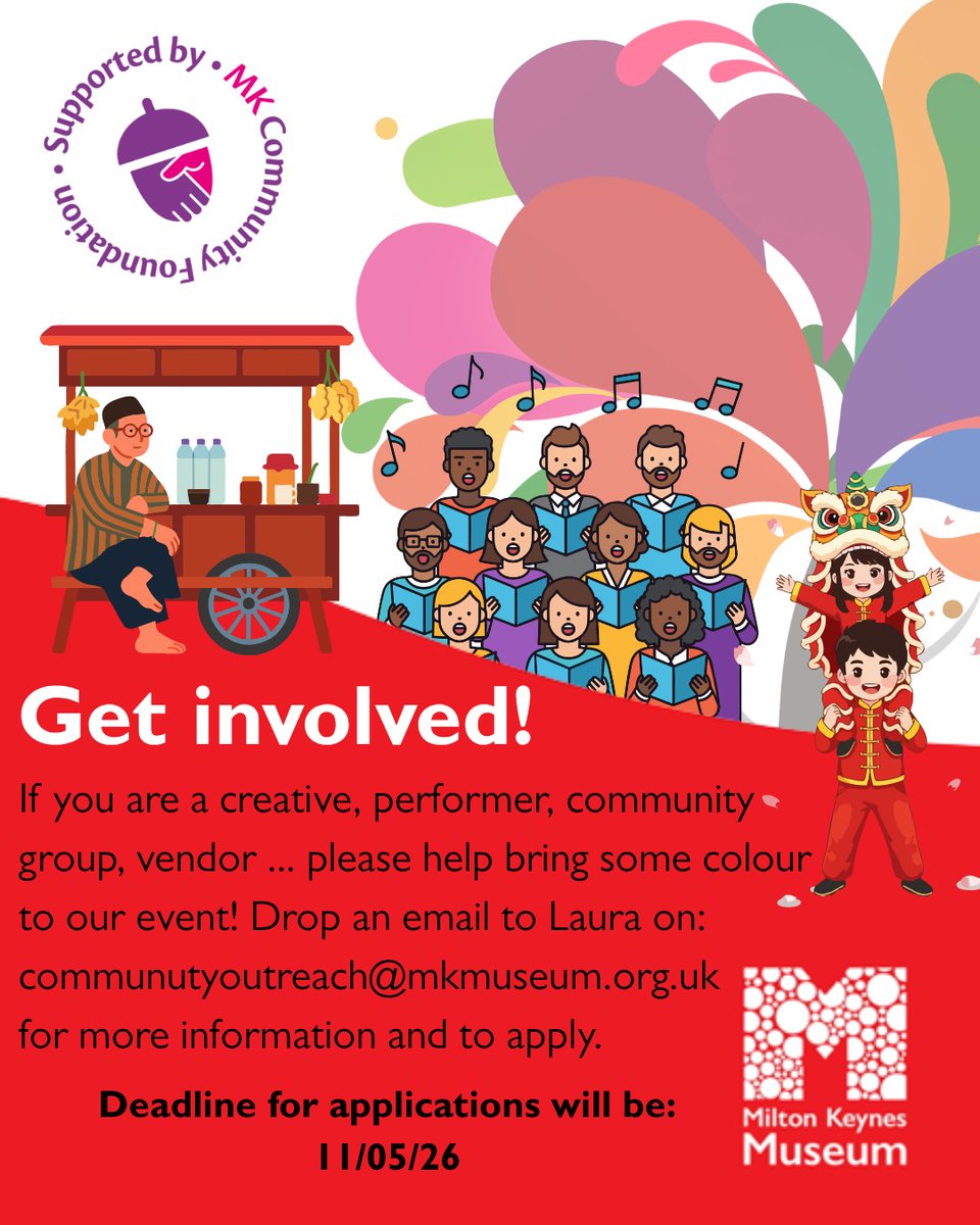 MKMuseum's tweet photo. A reminder that the second annual Community &amp; Culture Celebration will take place at the Museum on Sat, July 25.
We're looking for creatives, performers, community groups and vendors to get involved.
Email Laura at Communityoutreach@mkmuseum.org.uk

**Closing date is May 11 ** https://t.co/CipT1To8gi
