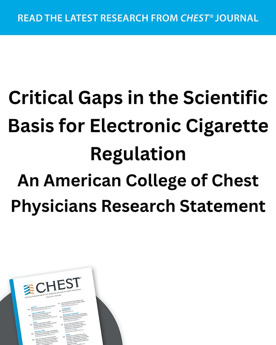 journal_CHEST's tweet image. INSIDE LOOK 👀 Read from the upcoming issue (May 8): In the latest CHEST Research Statement, members of the CHEST Tobacco/Vaping Work Group collectively identify critical gaps in electronic cigarette regulatory science.

Read more: hubs.la/Q04cN2zF0
#MedEd #JournalCHEST