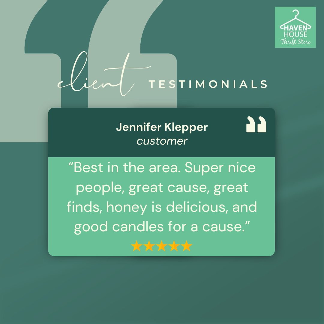 HHthriftstores's tweet photo. Jennifer, thank you! 😊 We’re so glad you love our team, prices, and clean store. Come back soon! 🛍️ 

#HavenHouseThriftStore #Florida #Fyp #Trendingnow #Exploremore https://t.co/9Nc7YLylER