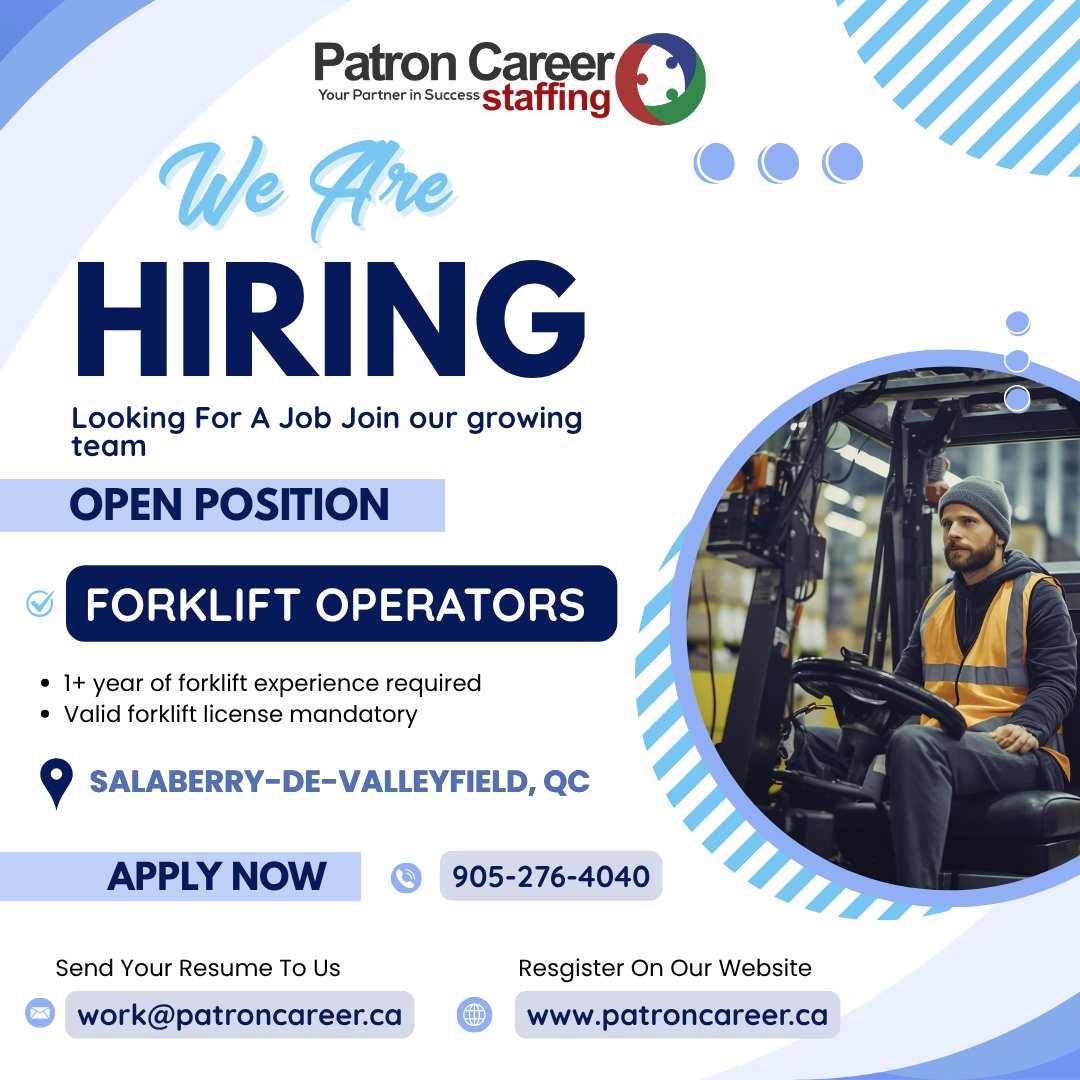 PatronStaffing's tweet image. 🚧Now Hiring: Forklift Operators – Salaberry-de-Valleyfield, QC

✔️1+ year of forklift experience required

👉Apply now: patroncareer.ca/Job_Apply_Form…

📩Send CV: work@patroncareer.ca

📞Call us: (905) 276-4040

#NowHiring #ForkliftOperator #QuebecJobs #WarehouseJobs #MaterialHandling