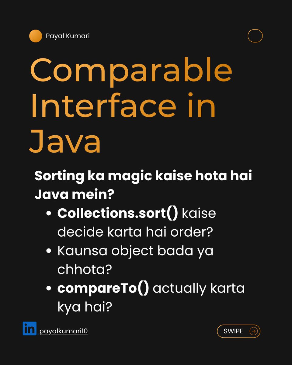 PayalKumar89652's tweet image. Kal tak bas Collections.sort() use karta tha…
Aaj samjha andar kya hota hai 
Comparable + compareTo() clear ho gaya toh sorting easy ho gayi.

Aapko kya tricky laga — logic ya method?

Save &amp;amp; Share #JAVA #DSA