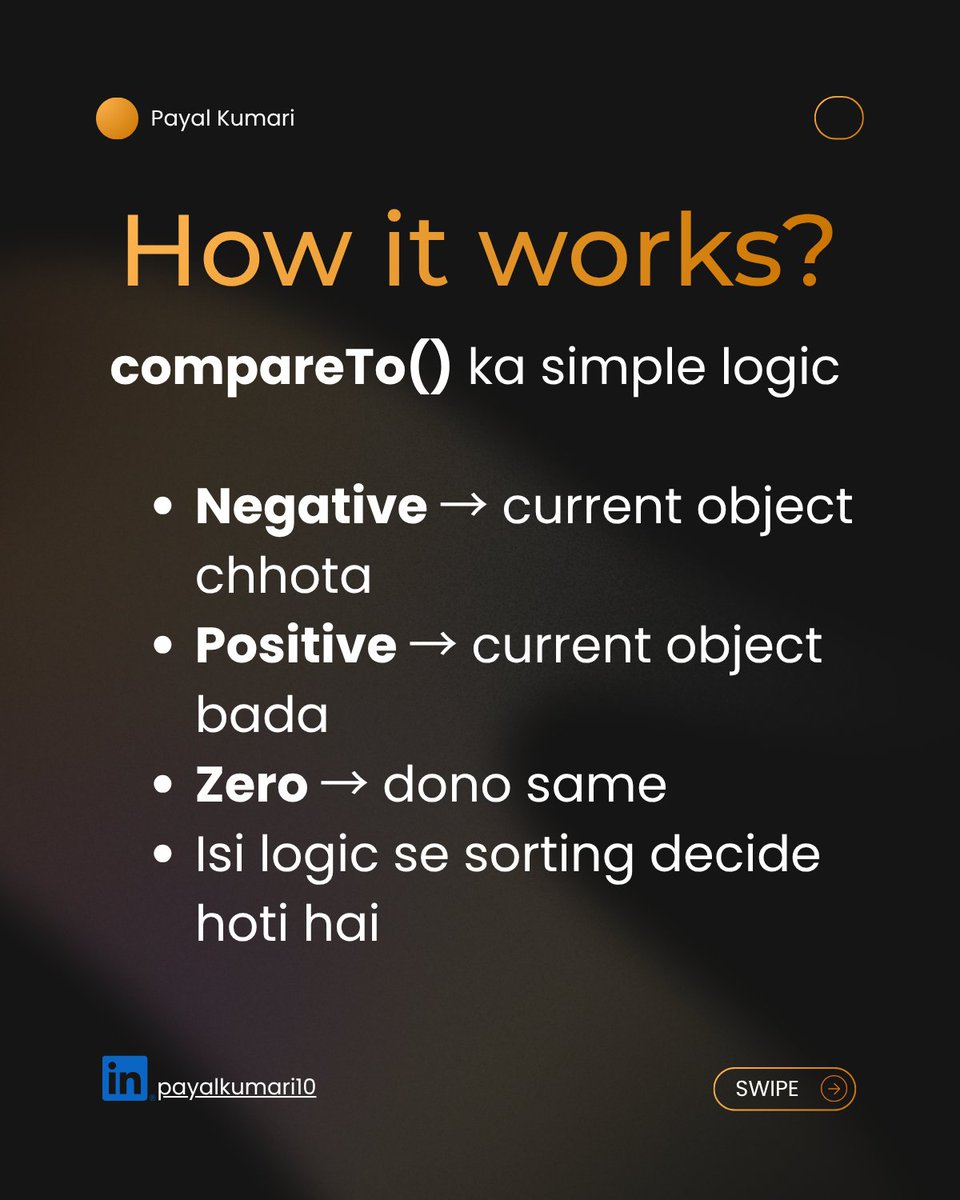 PayalKumar89652's tweet image. Kal tak bas Collections.sort() use karta tha…
Aaj samjha andar kya hota hai 
Comparable + compareTo() clear ho gaya toh sorting easy ho gayi.

Aapko kya tricky laga — logic ya method?

Save &amp;amp; Share #JAVA #DSA