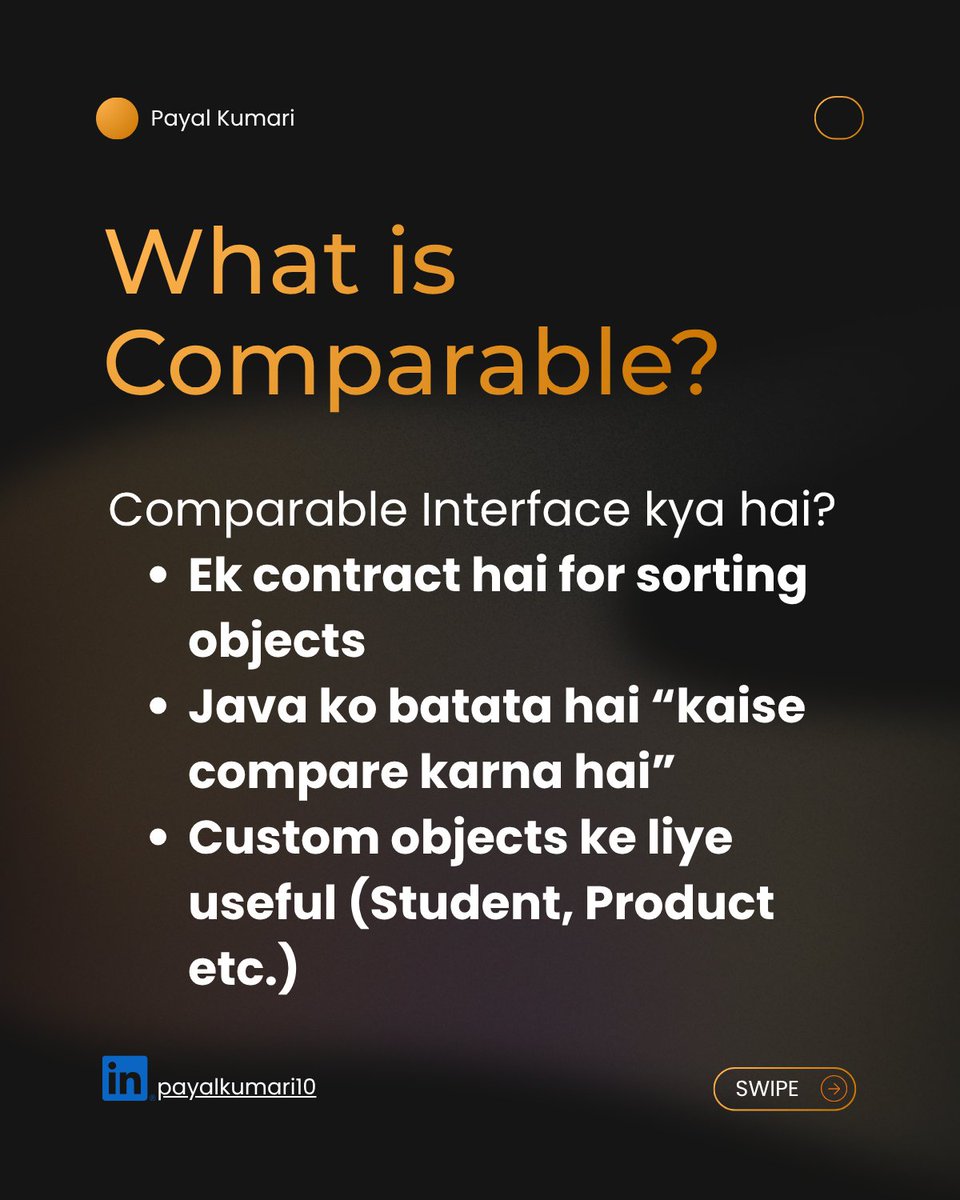PayalKumar89652's tweet image. Kal tak bas Collections.sort() use karta tha…
Aaj samjha andar kya hota hai 
Comparable + compareTo() clear ho gaya toh sorting easy ho gayi.

Aapko kya tricky laga — logic ya method?

Save &amp;amp; Share #JAVA #DSA