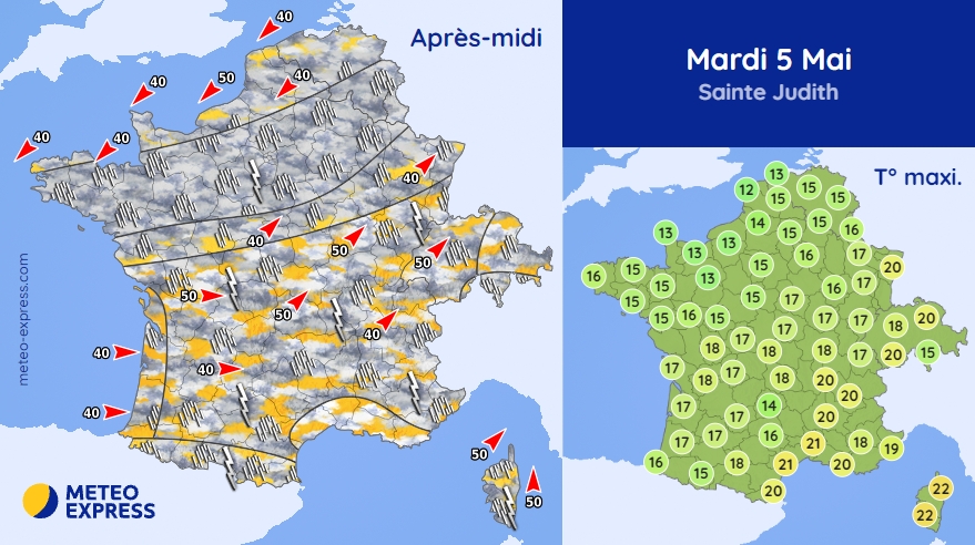 🌦️ Ce mardi : pluies soutenues de la Champagne à la Bretagne. Averses orageuses dans la moitié sud. ➡ meteo-express.com/previsions/pre…