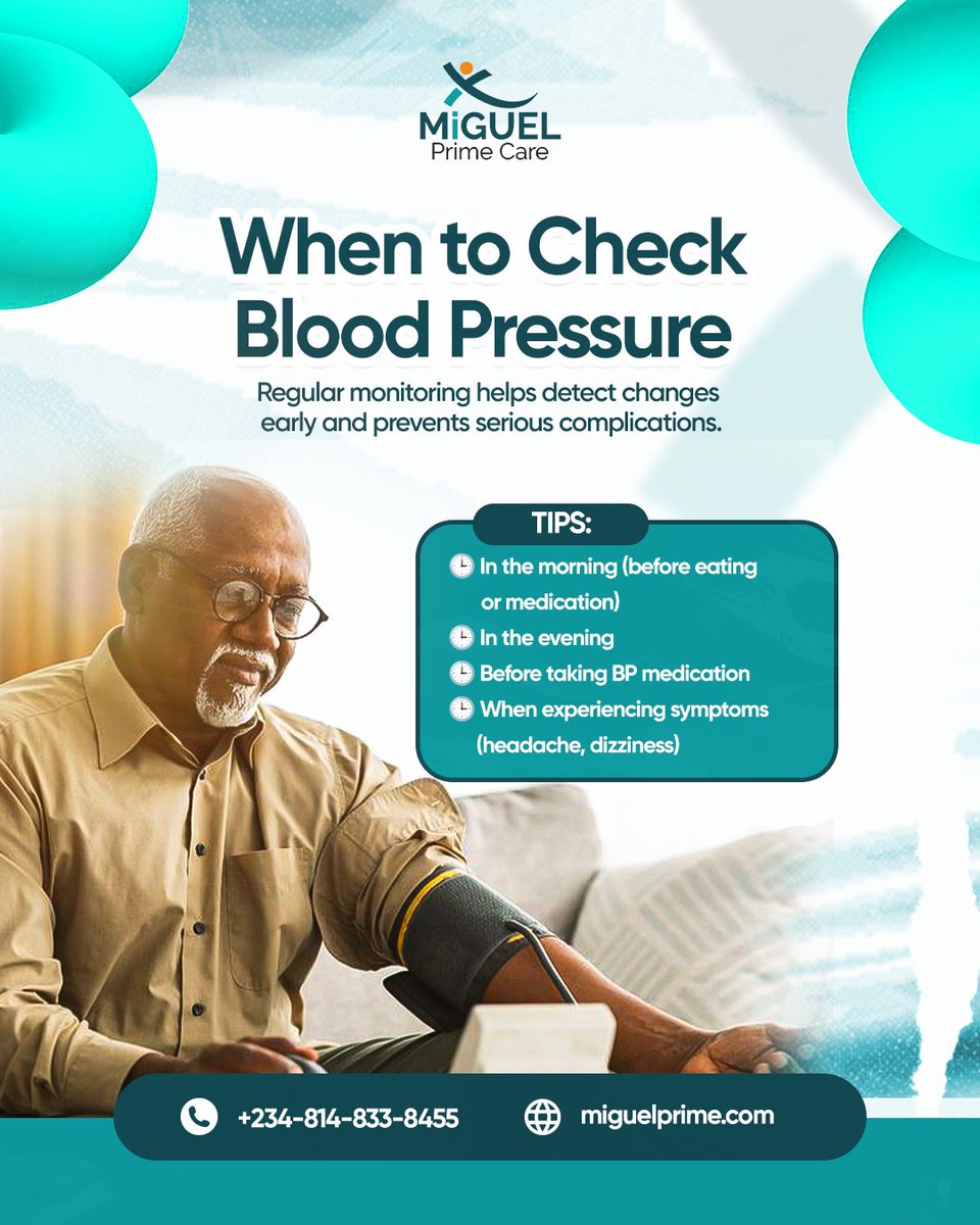 CarePrimeCare's tweet image. Health Tip 💚
Check your blood pressure:

🕒 Morning (before food/meds)
🕒 Evening
🕒 Before medication
🕒 When you feel dizzy or have a headacheStay consistent. Stay healthy.

#BloodPressure #HealthMonitoring #HealthyAging #MiguelPrimeCare #HealthTip