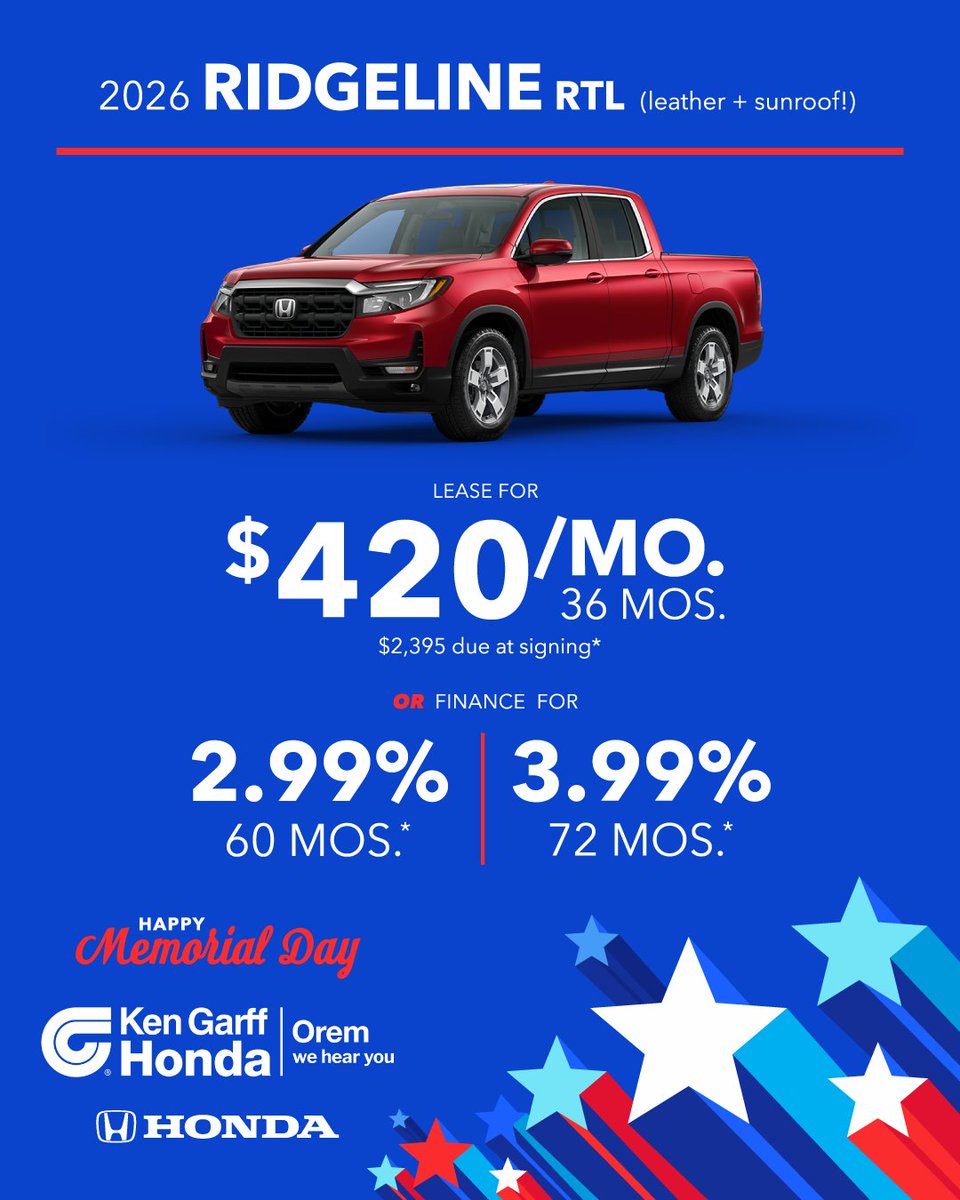 hondaorem's tweet photo. Drive in style! ✨ Lease the 2026 Ridgeline RTL for just $420/month for 36 months or finance at an amazing rate of 2.99% for 60 months or 3.99% for 72 months*!

Shop now: https://t.co/v837UyLI1S

*See dealer for details. Offer Expires 07/06/2026. https://t.co/pz2RFRTiUu
