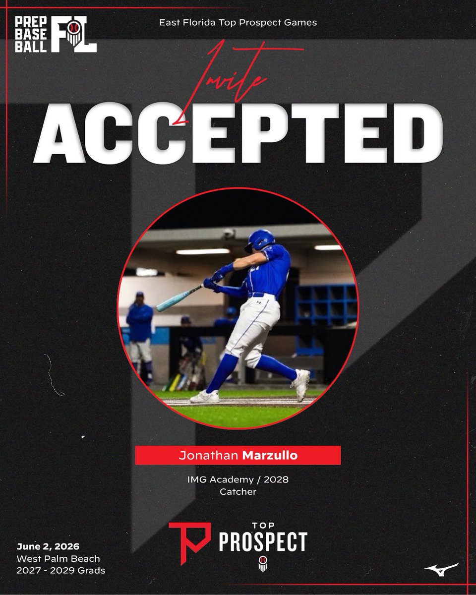 PrepBaseballFL's tweet image. #𝐅𝐋𝐓𝐏𝐆𝟐𝟔 𝐈𝐧𝐯𝐢𝐭𝐞 𝐀𝐜𝐜𝐞𝐩𝐭𝐞𝐝 ✅

‘28 C @johnnymarzullo (IMG Academy) is #𝙇𝙤𝙘𝙠𝙚𝙙𝙄𝙣 for the East Florida Top Prospect Games, June 2nd at Cacti Park.

Event Info 👇

🔗: prepbsbl.com/4rPiW5j
