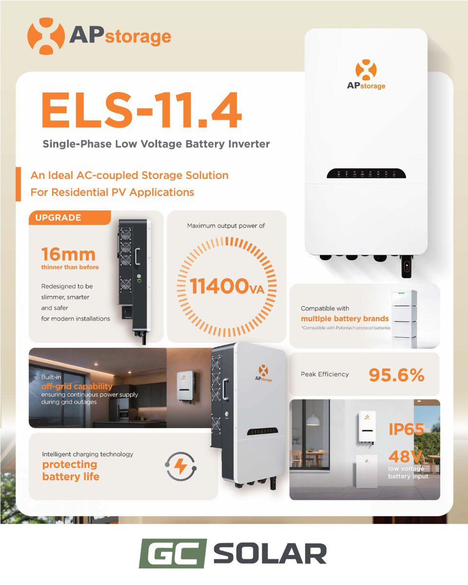 GCSolar1's tweet photo. APsystems ELS 11.4 delivers advanced AC-coupled energy control ⚡11.4kW output, battery-ready, generator-compatible &amp; ideal for upgrading your system. Full flexibility &amp; reliable performance. 

Exclusively from GC Solar 

📄 Datasheet: https://t.co/sgyJZ78T5Y

 Contact us today! https://t.co/n1GWhcx5oN