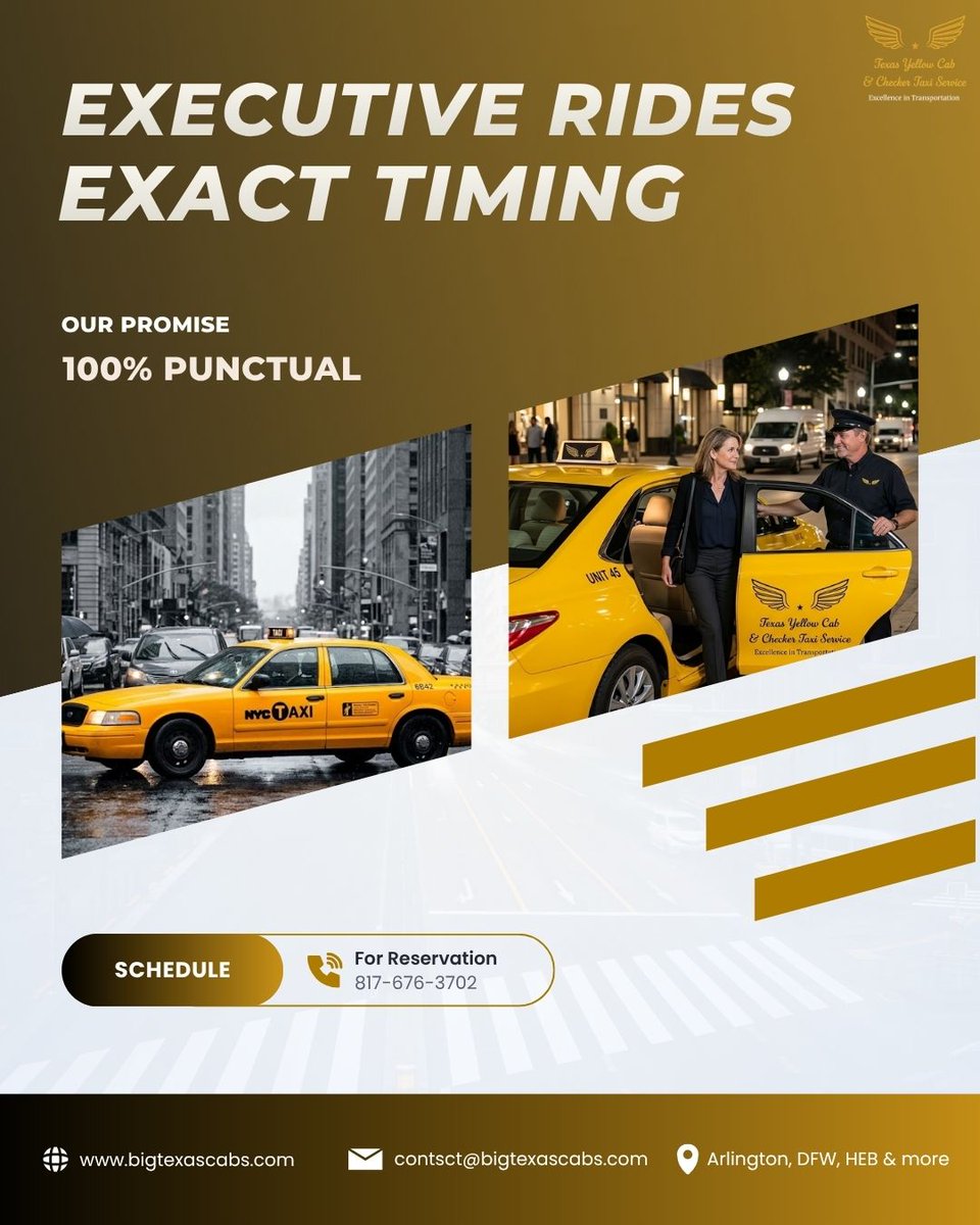 Texasyellowcabs's tweet photo. Experience Executive Rides with Exact Timing for DFW, Love Field, and the Mid-Cities. 25+ years of being 100% punctual for our neighbors.

📞 817-676-3702 | https://t.co/KRHsCvg6Gz
#StreetSmarts #TexasYellowCab #DFW #ExecutiveLogistics #Punctual https://t.co/1VqxFxi9eJ