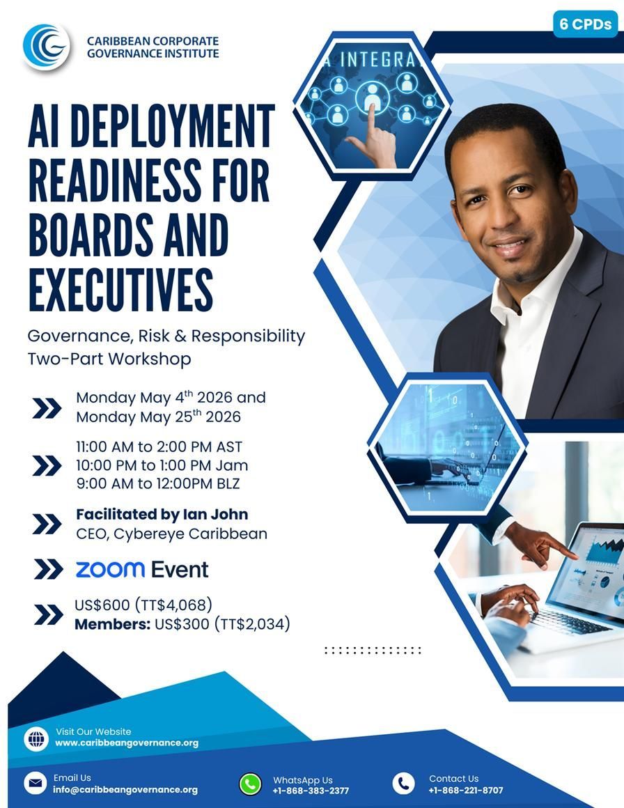 CCCEur's tweet image. FYI: @CaribbeanCorpGv Workshop 'AI Deployment Readiness for Boards and Executives.' buff.ly/rmAesQb #Caribbean #Corporate #Governance #Institute #CCGI #AI #ArtificialIntelligence #BoardsExecutives