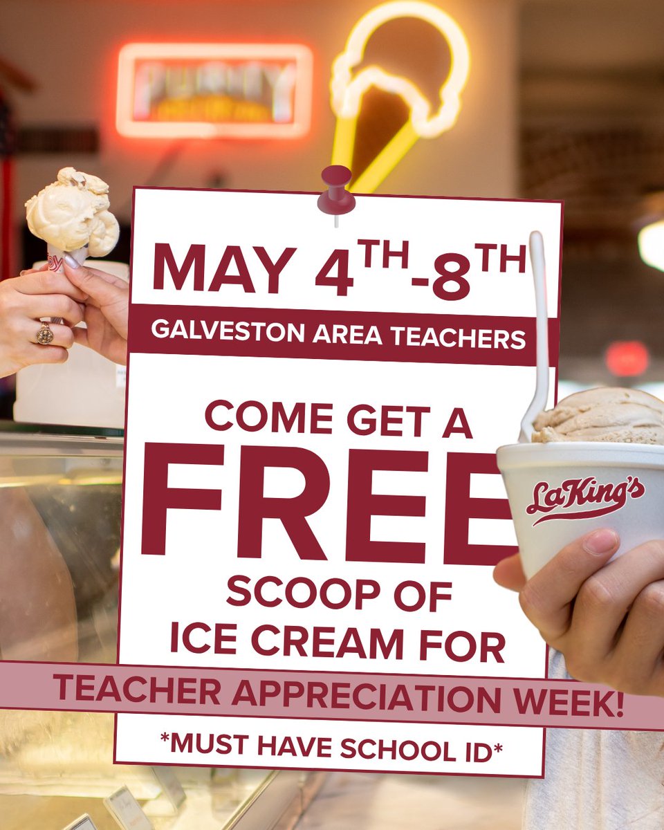 lakingscandy's tweet photo. Happy Teacher Appreciation Week! If you're a teacher in the Galveston area, come see us today, May 4th, through Friday, May 8th, and get a FREE scoop of ice cream! Please bring your school ID. 🍨

#TeacherAppreciationWeek #LaKingsGalveston #GalvestonTX https://t.co/XP7pqAoP3a