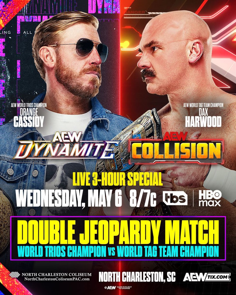 AEWLive's tweet image. NORTH CHARLESTON, SOUTH CAROLINA!
#AEWDynamite hits the @NChasColiseum LIVE THIS WEDNESDAY!

Tickets are on sale NOW!

🎟️ ticketmaster.com/event/2D00646D…