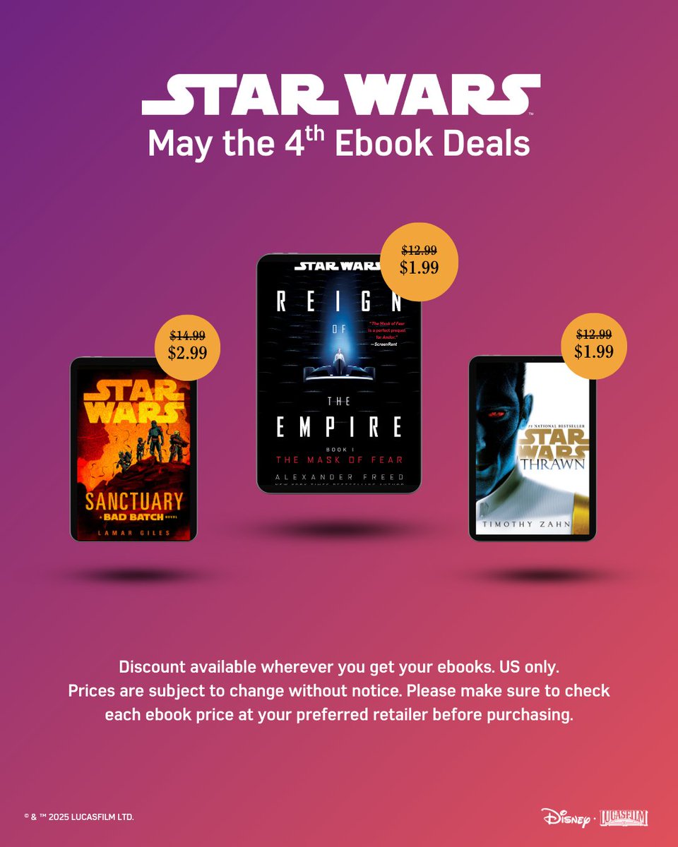 StarWarsByRHW's tweet photo. May the 4th—and these ebook deals—be with you. . . . Get these titles on discount for a limited time wherever you buy your ebooks.⁣
⁣
🔥 STAR WARS: THE MASK OF FEAR by @AlexanderMFreed
🔥 STAR WARS: SANCTUARY (A BAD BATCH NOVEL) by Lamar Giles
🔥 THRAWN by Timothy Zahn https://t.co/ptjdSD7UO8