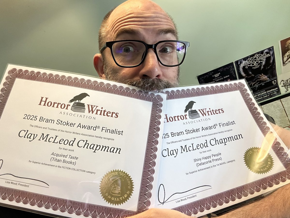 claymcleod's tweet image. I wanted to share something that made me happy: I got my certificates certifying my Bram Stoker Award nominations for both ACQUIRED TASTE (Superior Achievement Fiction Collection) and SHINY HAPPY PEOPLE (Superior Achievement YA novel) this weekend. Thanks Horror Writers!