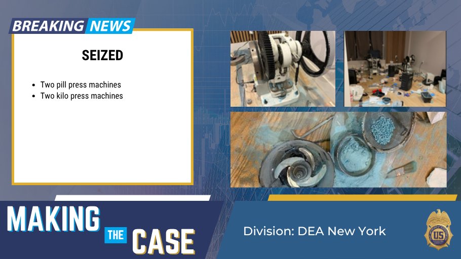 DEAHQ's tweet photo. #MakingTheCaseMonday @DEANewYorkDiv investigation led to the seizure of two pill press machines and two kilo press machines, which underscores the scale and lethality of the threat we face every day. @TheJusticeDept #FentanylFreeAmerica
Learn more: https://t.co/175nHXIr7O https://t.co/acvxZMtBo6
